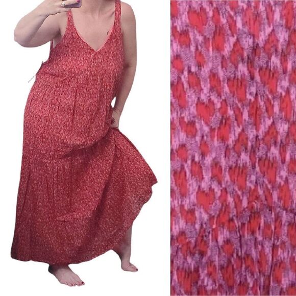 JOIE Tea Rose Red Floral Sleeveless Tiered Cotton Maxi Dress Large NWT - Picture 2 of 16